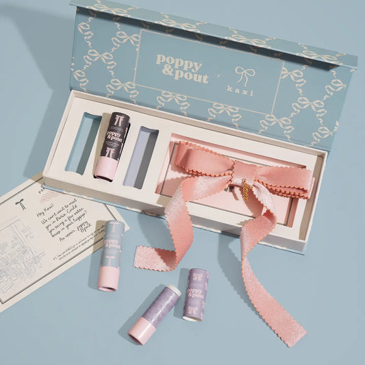 Poppy & Pout Coquette Lip Balm Trio + Kaxi Hair Bow Gift Set