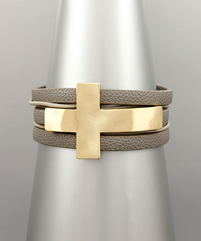 Sideway Cross Leather Bracelet Grey