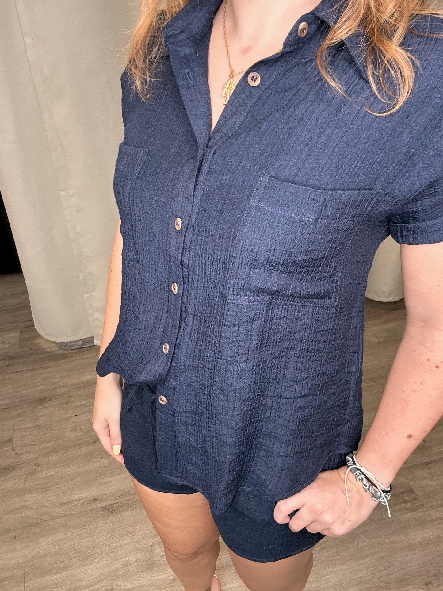 Collared Crinkle Navy Cuff Sleeve Button Down Shirt