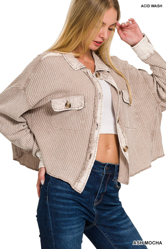 Acid Wash Oversized Cotton Waffle Cropped Shacket