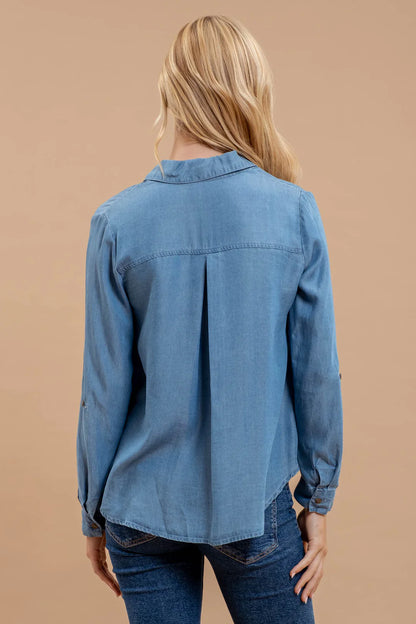 Chambray Tab Sleeve Collared Button Down