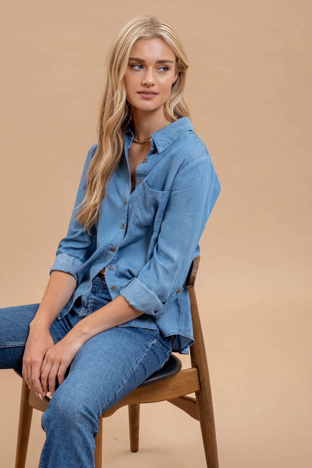 Chambray Tab Sleeve Collared Button Down