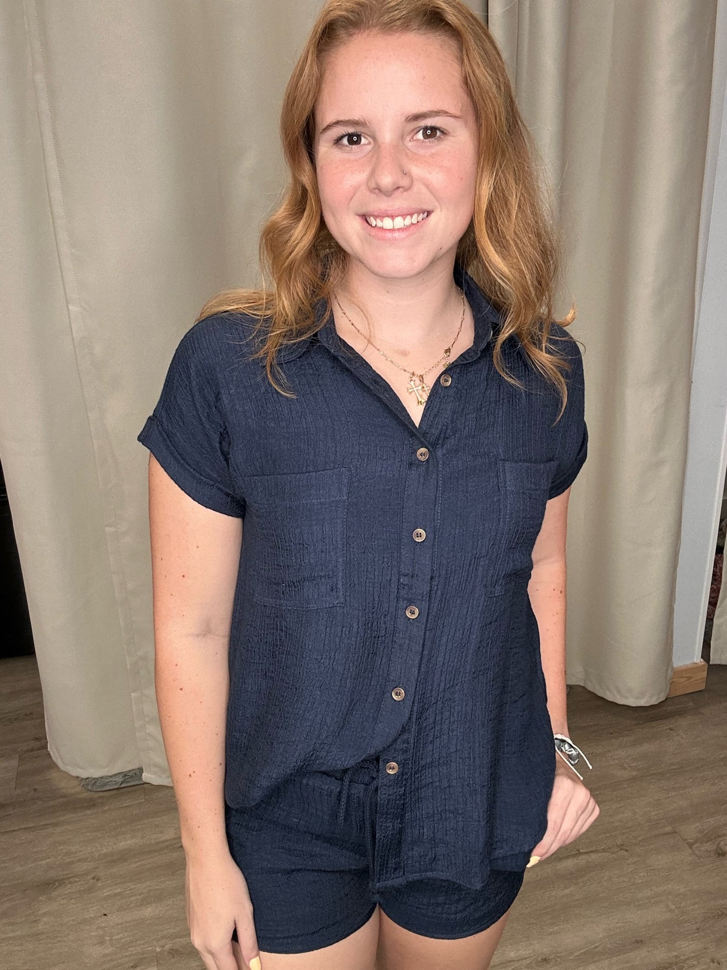 Collared Crinkle Navy Cuff Sleeve Button Down Shirt