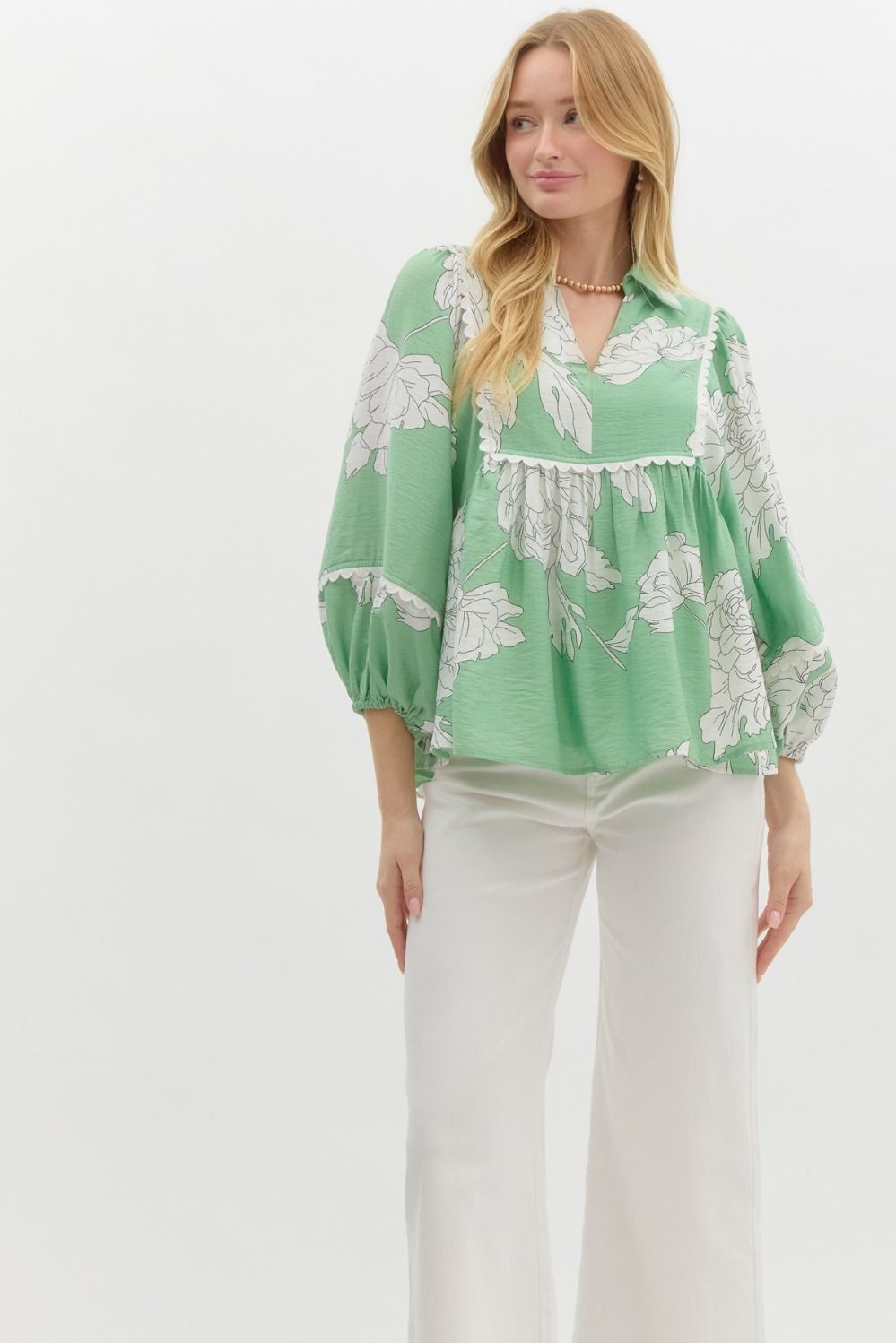 Sage Blossom Balloon Sleeve Top – Green Floral