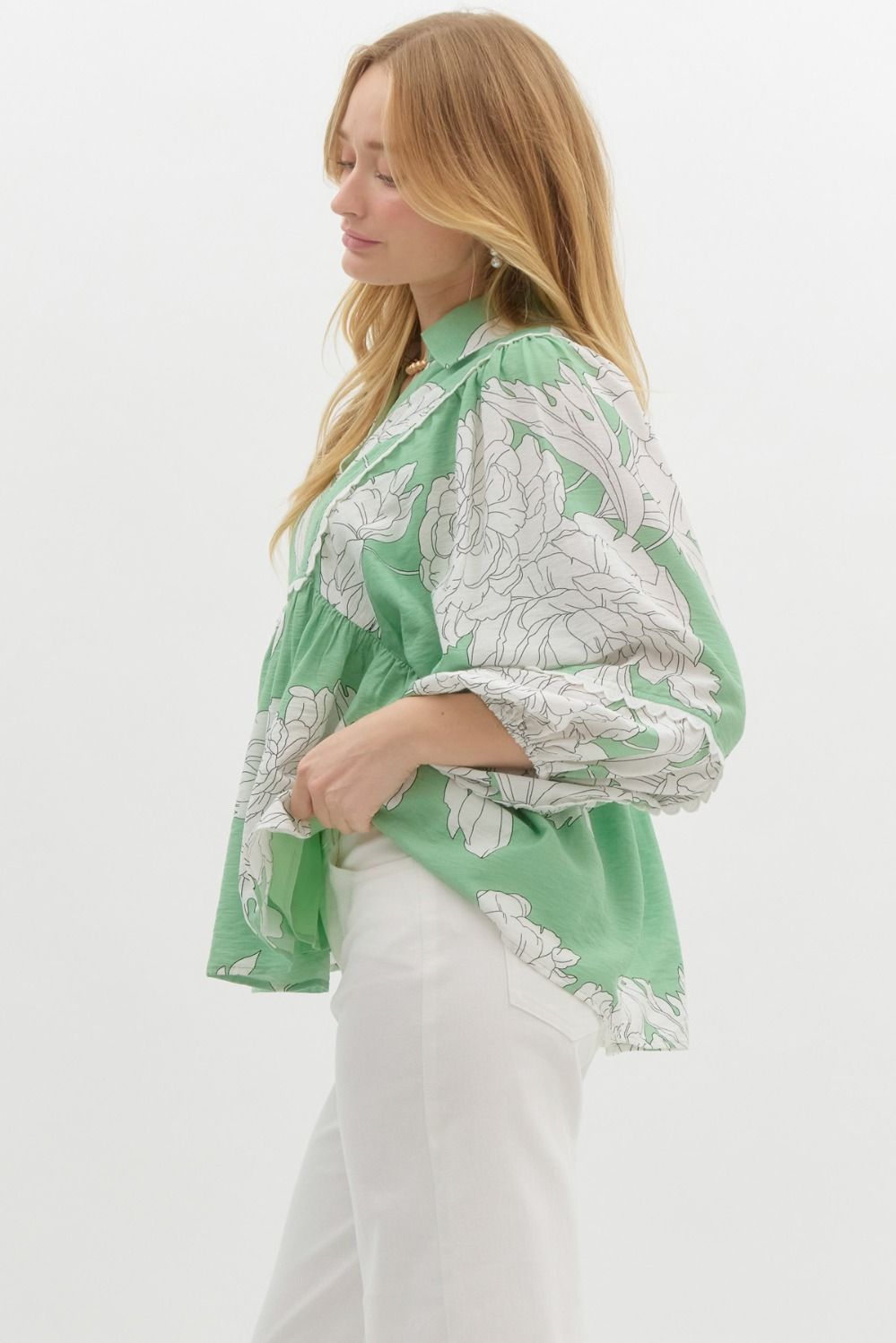 Sage Blossom Balloon Sleeve Top – Green Floral