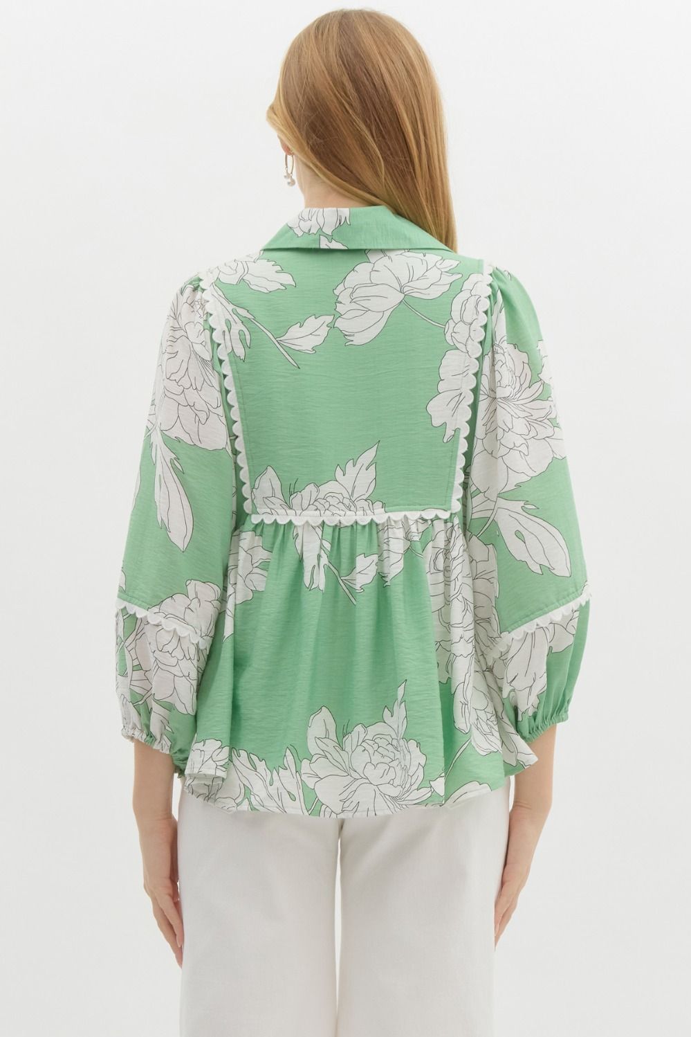 Sage Blossom Balloon Sleeve Top – Green Floral