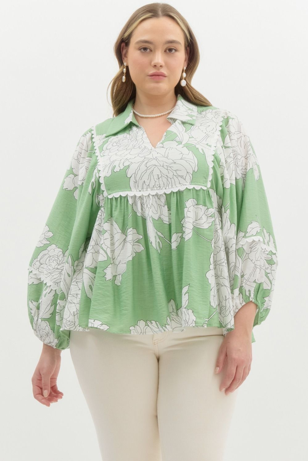 Sage Blossom Balloon Sleeve Top – Green Floral