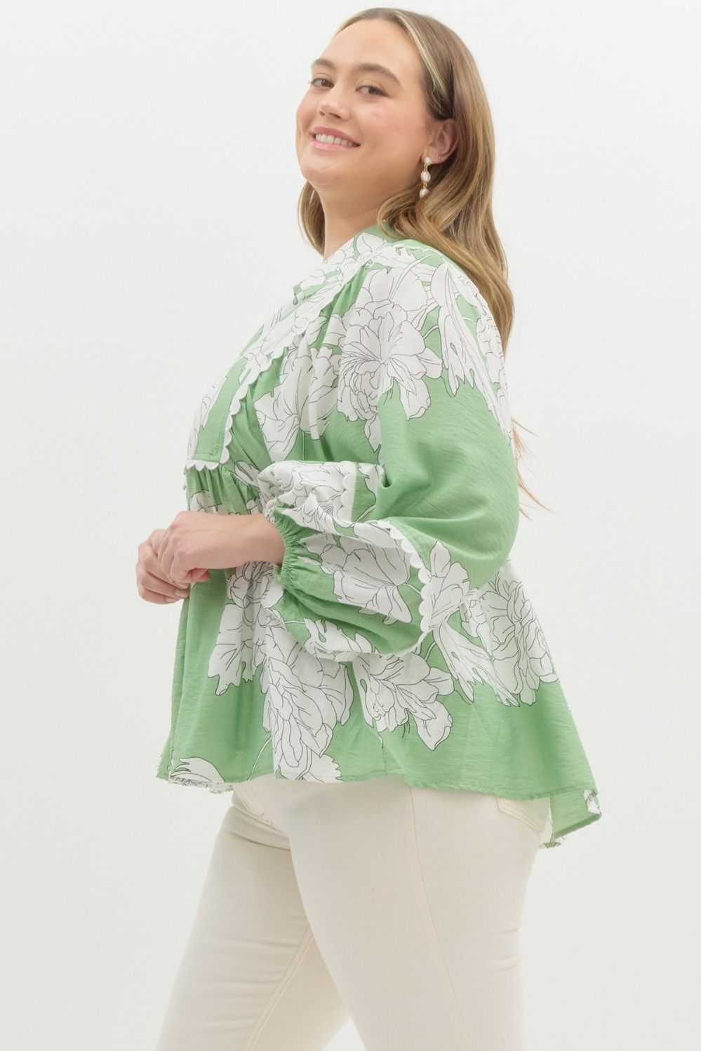 Sage Blossom Balloon Sleeve Top – Green Floral