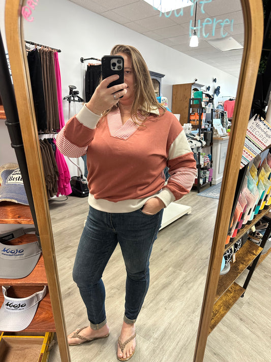 Cinnamon V Neck French Terry Sweater