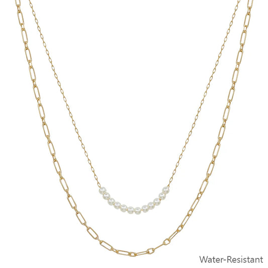 Water Resistant Double Layered Pearl Beaded and Gold Chain