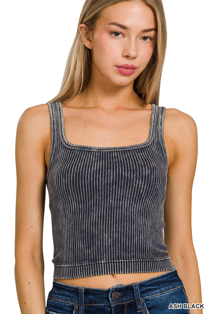 2 WAY NECKLINE WASHED RIBBED CROPPED TANK TOP