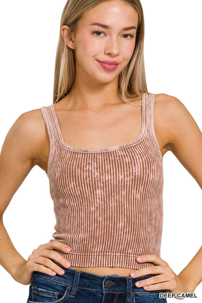 2 WAY NECKLINE WASHED RIBBED CROPPED TANK TOP