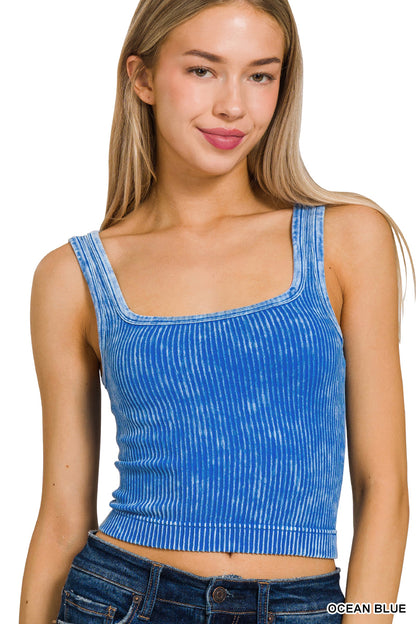 2 WAY NECKLINE WASHED RIBBED CROPPED TANK TOP