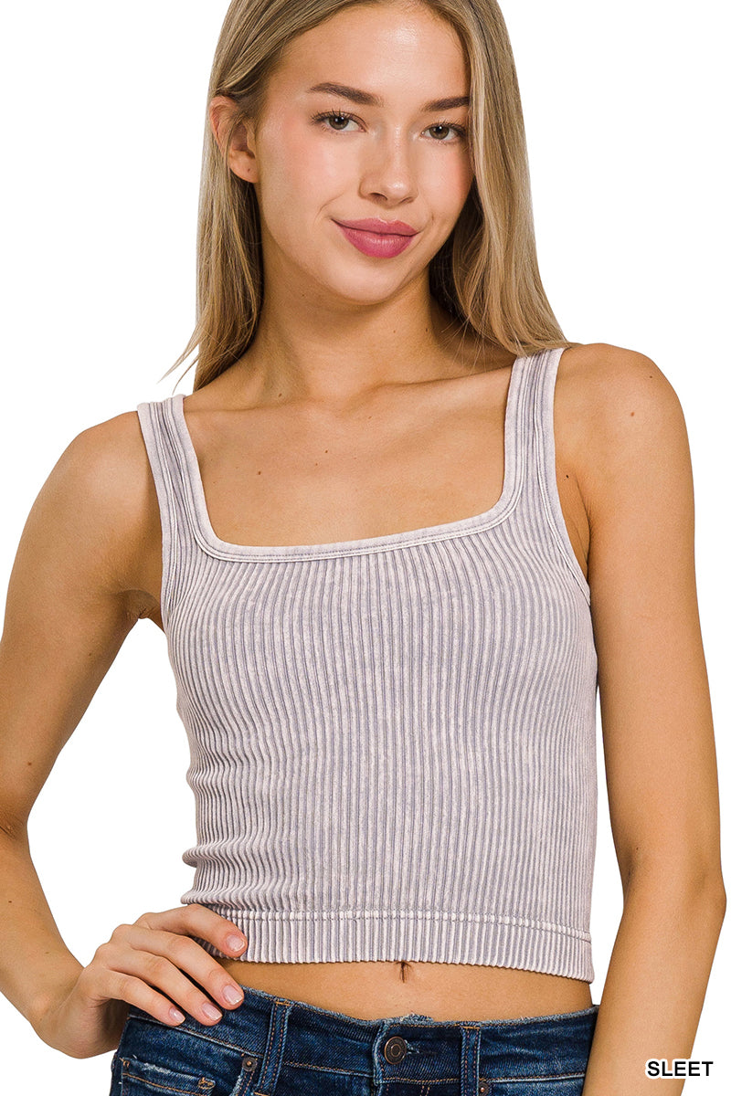 2 WAY NECKLINE WASHED RIBBED CROPPED TANK TOP