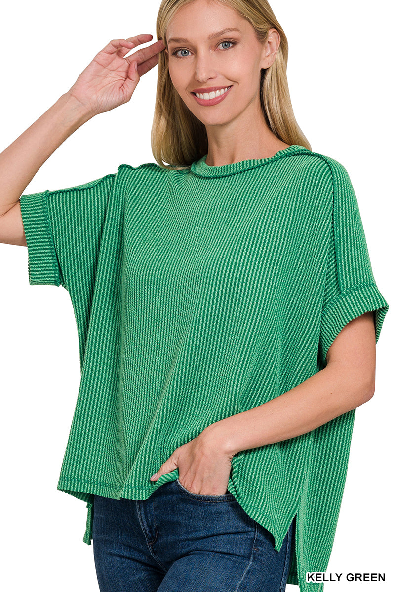 Corded Rib Cuff Sleeve Raw Edge Top