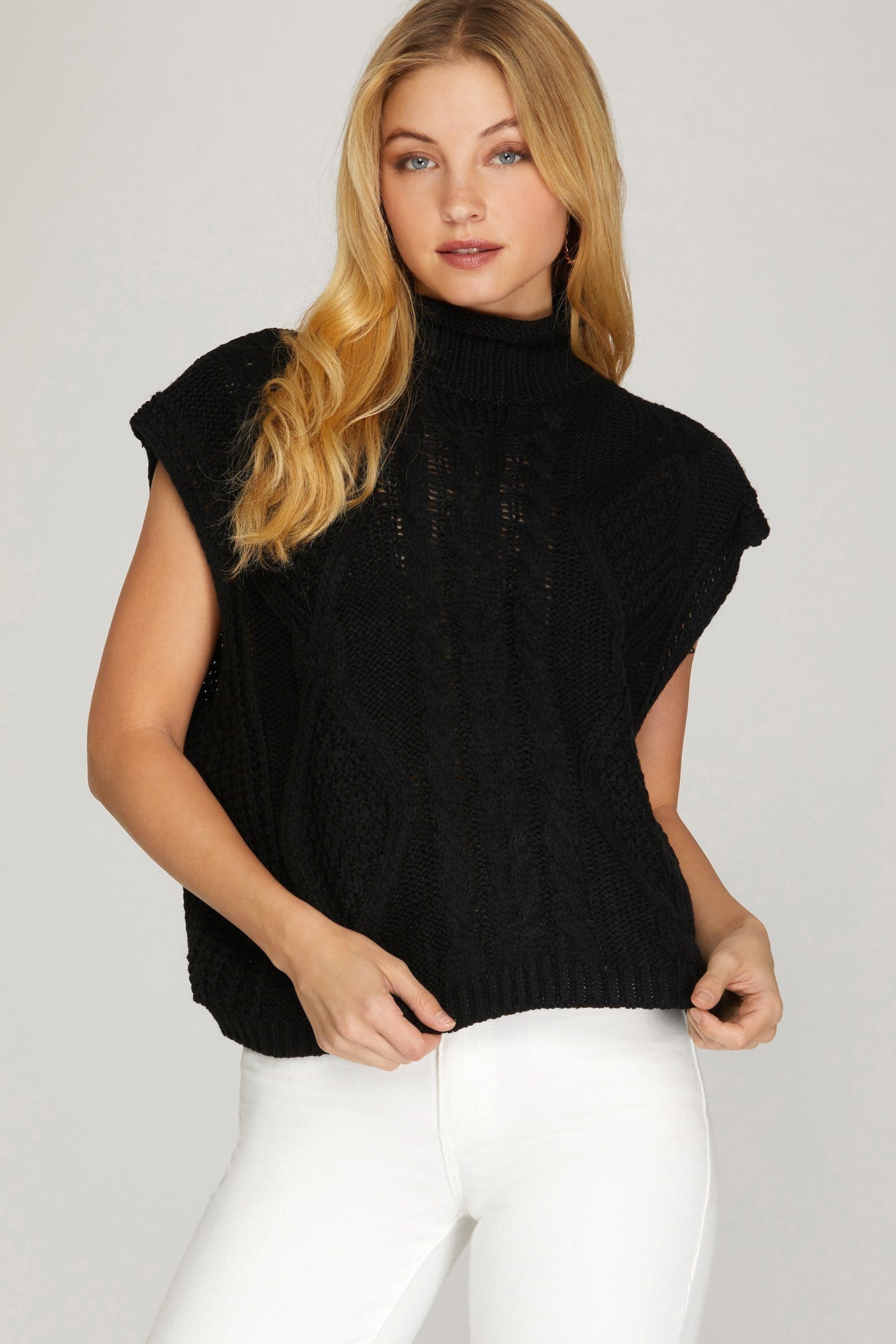 Drop Shoulder Sleeveless Mock Cable Sweater