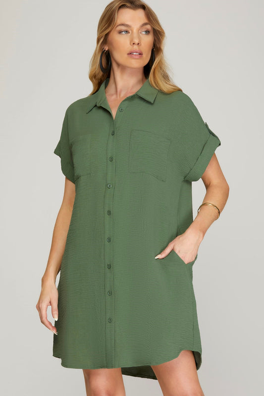 Olive Button Up Shirt Dress w/ Pockets