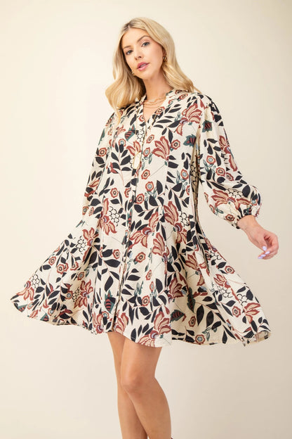 Burgundy Floral Printed 3/4 Sleeve Shirt Dress with Flared Skirt