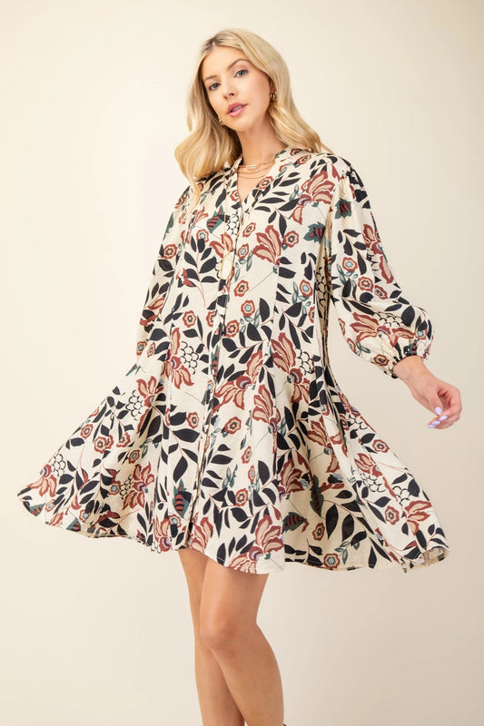 Burgundy Floral Printed 3/4 Sleeve Shirt Dress with Flared Skirt