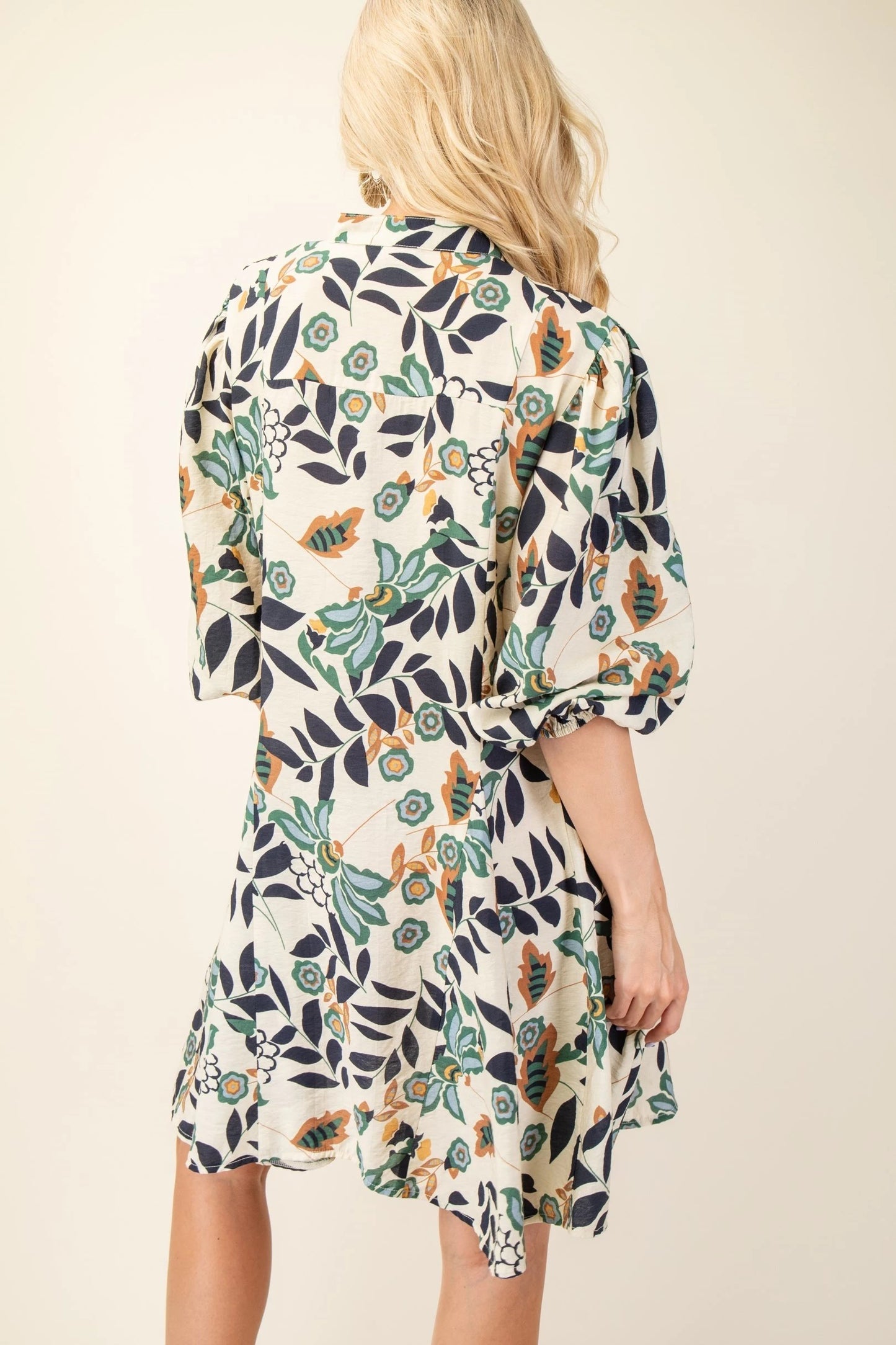 Floral Printed 3/4 Sleeve Shirt Dress with Flared Skirt