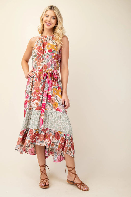 Floral Print Halter Neck Hi-Lo Hem Maxi Dress with Waist Tie