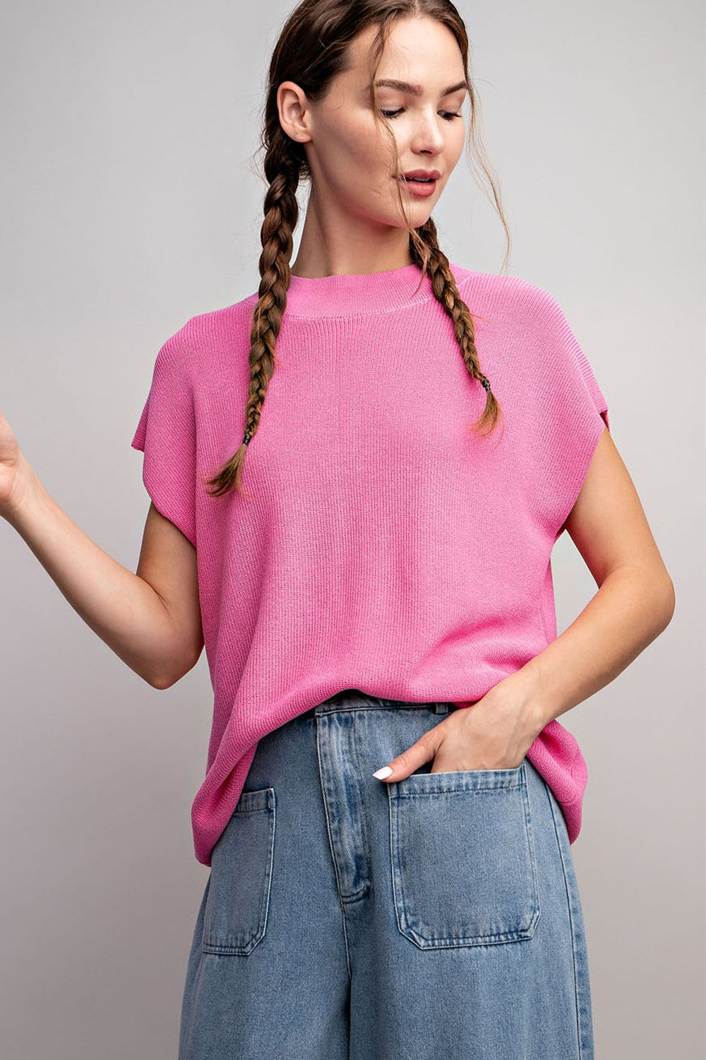 SOLID CAP SLEEVE SWEATER TOP